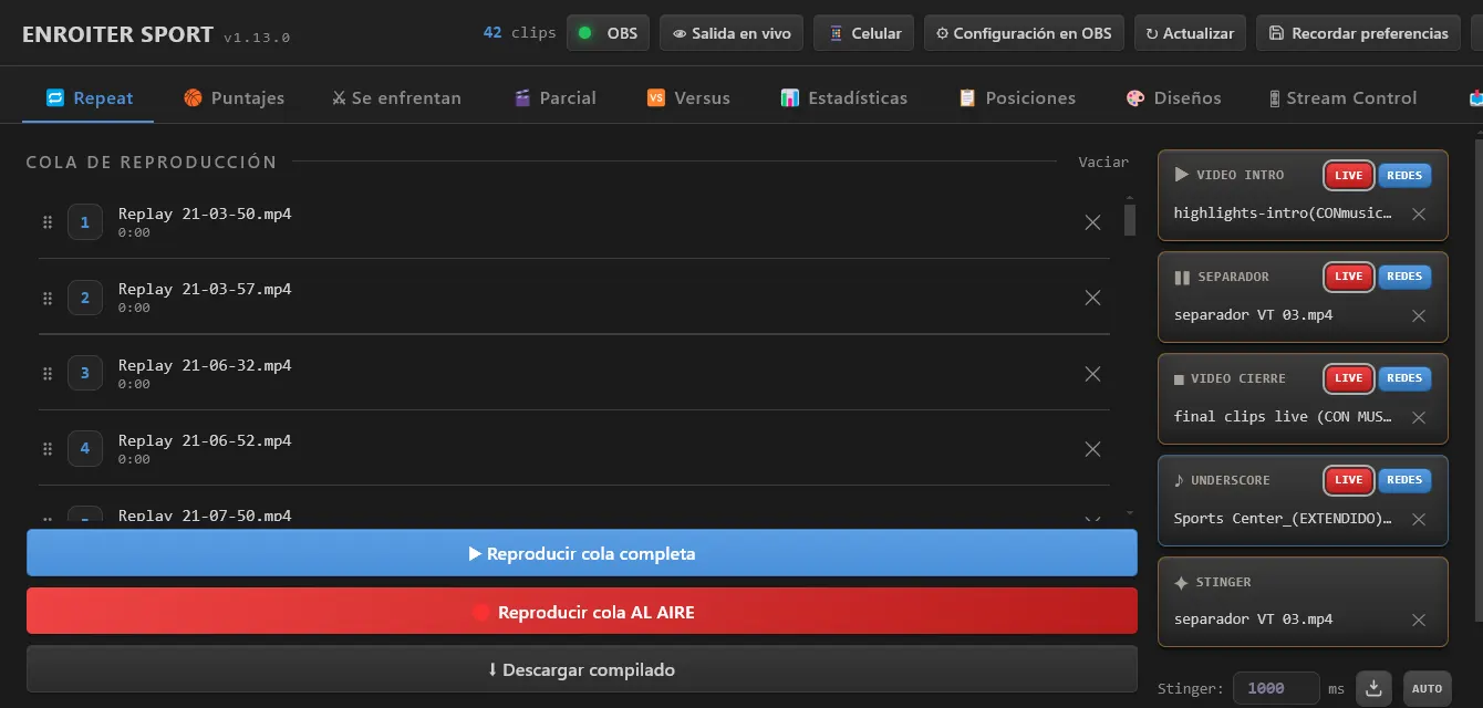 La cola de reproducción y el botón Descargar compilado